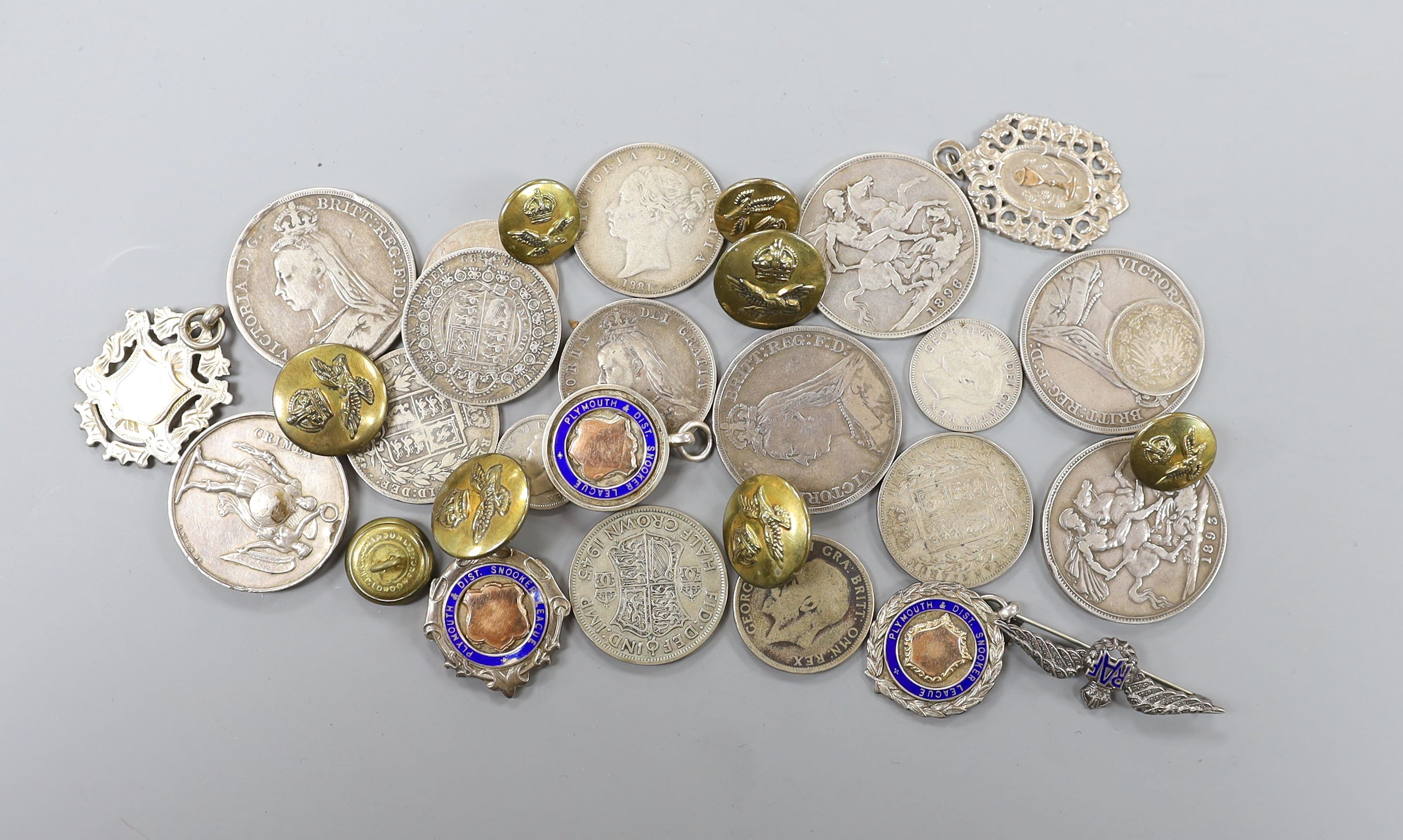 Sundry coins, buttons, RAF badge, silver race and snooker pendants etc.